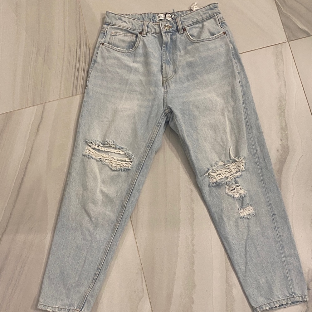 Zara High Rise Light Blue Ripped Jeans